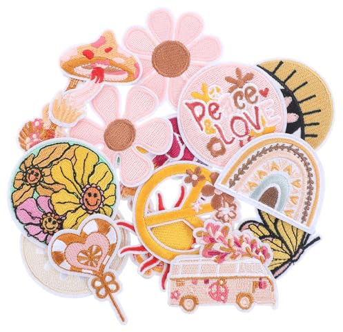 16 Stück gelbliche Bügelbilder, groovig, Retro, Hippie, zum Aufbügeln, niedlich, bestickt, leuchtende Farben, zum Aufnähen/Aufbügeln, Applikation für Kleidung, Kleid, Hut, Jeans, DIY-Zubehör