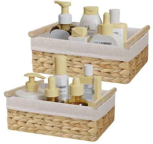 Yawinhe Juego de 2 Cesta de Almacenamiento Tejida a Mano, Cesto de Almacenaje de Jacinto de Agua, Caja Decorativa con Mango de Madera, para Baño, Cocinas, Salones, SNL001H