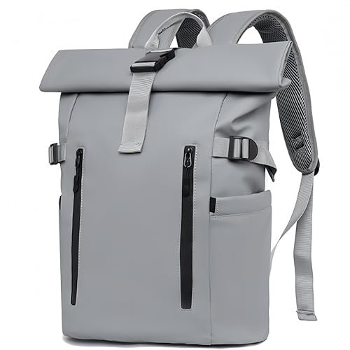 Ruschen RollTop Rucksack Herren Damen, Laptop-Rucksack Fahrradrucksack Schulrucksack Tagesrucksack Reiserucksack Daypack mit 15,6 Zoll Laptopfach (Grau)