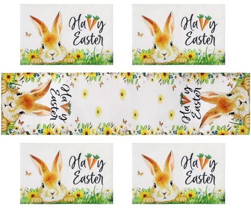 Simpeak Ostern Tischläufer mit 4 Tischsets, Hase Karotten Polyester Tischdekoration für Ostern Party Küche Esszimmer Ferienhaus Tisch Decor, 30 x 180 cm/12 x 71