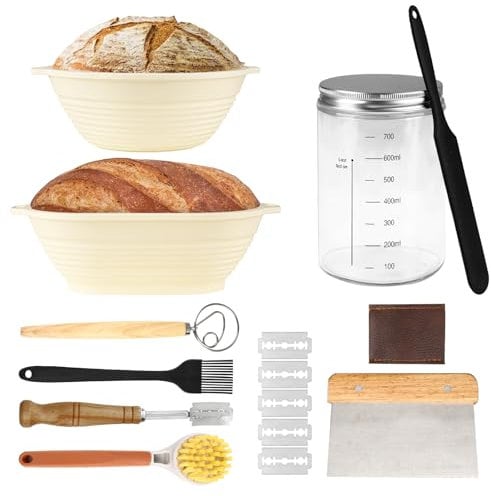 9 Teiliges Brotbackset, Brot backen zubehör inklusive 2 Silikon Gärkorb, Dänischer schneebesen, Teigkarte, Bäckermesser, Sauerteig glas, Spachtel, Ölbürste, Reinigungsbürste, Sauerteig starter set