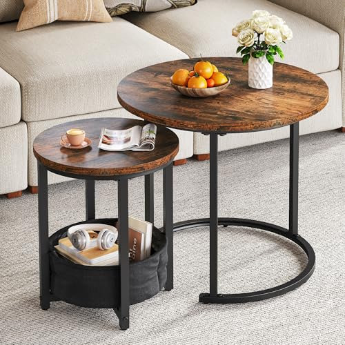 YITAHOME Coffee Table for living room, Nest of Tables Set of 2 with Storage, Small Round Table 60X60X50.5CM, Wooden Side Table with Sturdy Metal Frame, Easy Assembly