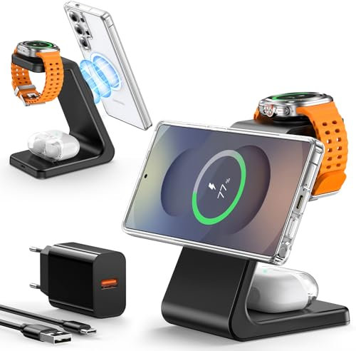 3 in 1 Magnetic induktive Ladestation für Samsung, Fast Mag-Safe Wireless Charger für Galaxy S25 Ultra/S24/S23/Z Fold/Flip7/6/5, Galaxy Watch Ultra8/7/6/5/4, Galaxy Buds Pro