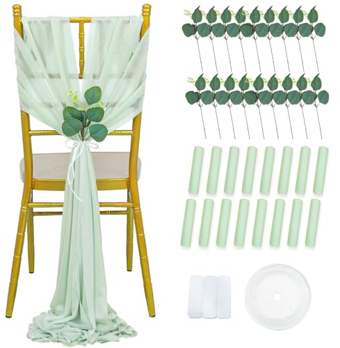 FUHSY Stuhlschärpen, Salbeigrün, Hochzeitsstuhldekorationen, 16 Stück, Stuhlbezug, 2,4 m lang, durchsichtige Chiffon-Schleifen für Stühle, Gangdekoration, für Hochzeitszeremonie, Kirche, Kirche