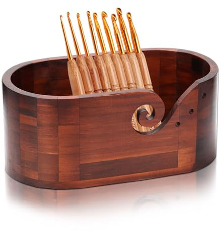 Yallmie 11X6X4.72 Inch Oval Yarn Bowl, Wooden Knitting Bowl Wool Holders When Knitting Wool Holder, Yarn Ball Holder with 9Pcs Crochet Handmade Yarn Feeder for Crochet Knitting Home Decor