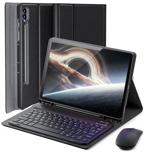 Coque pour Samsung Galaxy Tab S10+ Plus / S9+ Plus / S9 FE+ Plus / S8+ Plus / S7 FE / S7+ Plus 12.4 Pouces avec Clavier Être chargé Keyboard Bluetooth Souris Couvercle de Protection Case Rose Noir