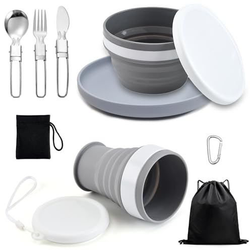 Foldable Camping Plate Bowl Cup Cutlery Set, 6 Pcs Portable Camping Plates and Bowls Tableware Set, Crockery Sets for Outdoor Traveling Hiking Camping Picnic