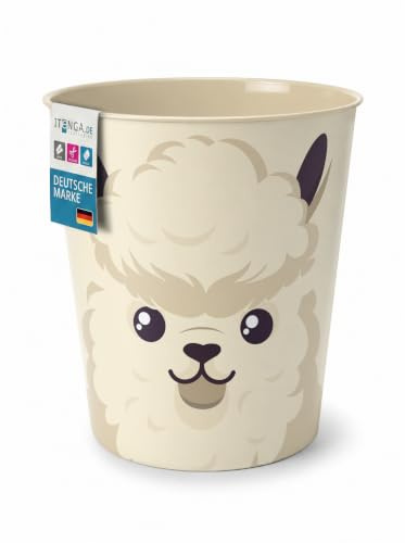 itenga Papierkorb für Kinder mit Tier Motiv - Kawaii Design - rund ca. 11 Liter - Mülleimer fürs Kinderzimmer - stabiler Kunststoff (Alpaka/Lama)