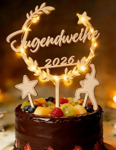 Jugendweihe 2026 Tortendeko Deko Holz mit LED, mit Stern und springender Jugend-Figur Cake Topper, Originelle Tortenaufleger Mädchen & Junge - Alles Gute zur JUGENDWEIHE