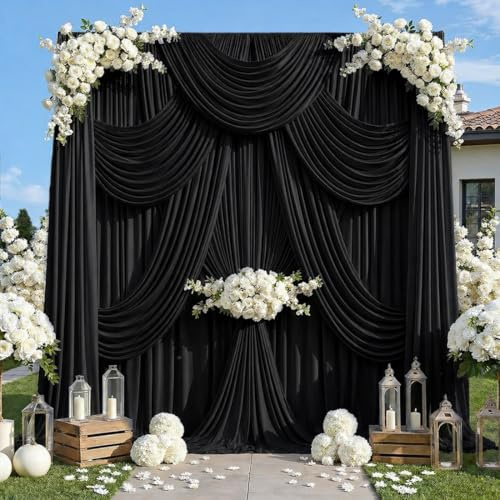 EJNSQA 10x12 ft Black Backdrop Curtains for Wedding, Party and Photo | 2 Panels 5x12 ft, Soft Polyester Drapes, Wrinkle-Free, Washable, Reusable, 4 in Rod Pocket for Birthday and Event Decor