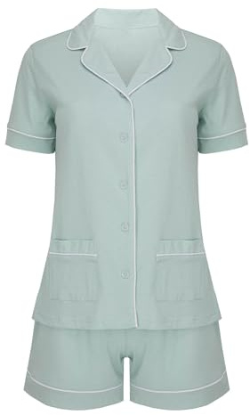 SNOOZE OFF Damen Pyjama – 100 % Baumwolle – Dunkelblau mit Rosa Paspeln – Langarm & Hose – Knopfleiste & Taschen