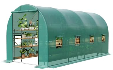 Garvee Serre Tunnel de Jardin 4,5x2x2 m – Structure renforcée Acier galvanisé – Bâche PE résistante – 8 fenêtres en Maille – Porte Enroulable – Idéale Culture annuelle de Plantes – Porte roulante