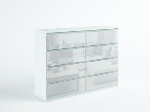 Masseno Kommode NUDO 120 cm Sideboard mit 8 Schubladen und Türen für Wohnzimmer Schlafzimmer Modern 120x39x101,5 cm Weiß/Weiß
