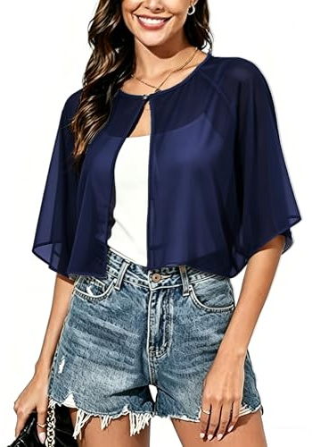 Vossmi Chiffon Elegant Boleros für Damen Sommer Casual Leicht Luftig Bolerojacke Transparente Strandjacke mit kurzen Ärmeln Cardigan Top Freizeit Stola Schulterjacke