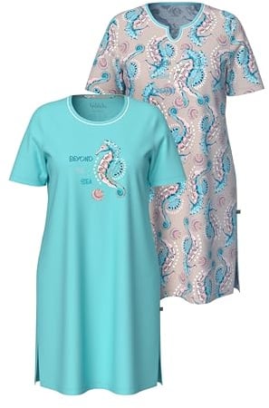 Ulla Popken Damen große Größen Übergrößen Plus Size Bigshirts, 2er-Pack, Seepferdchen, Rundhals/Tunika-Ausschnitt Karibikblau 50+ 851319700-50+