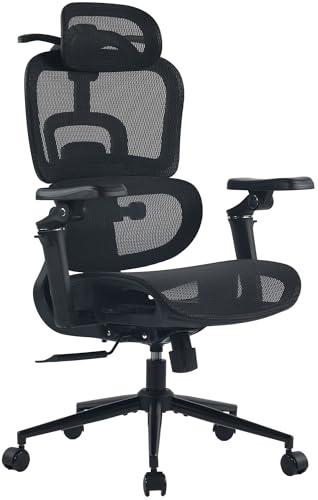 CLP Bürostuhl ergonomisch mit Kopfstütze Jenson, Schreibtischstuhl höhenverstellbar Lehne bis 135° neigbar Lordosenstütze, Drehstuhl bis 150 kg, Farbe:schwarz
