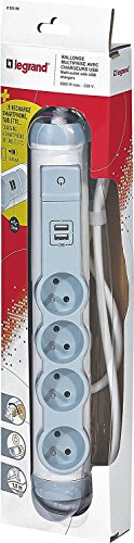 Legrand 050390 Rallonge MultiPrise 4 Prise, 2 Modules de Charge USB 2.4A, Courant 2P+T, 16A, 230V, Blanc et Gris