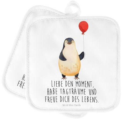 Mr. & Mrs. Panda Topfuntersetzer Pinguin Luftballon - Geschenk, Topflappen 2er Set, Topfhandschuh, Neustart, Ofenhandschuhe, Geschenkidee, Liebe,