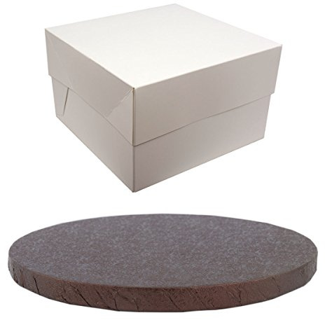 Round Coloured Drum Cake Board and White Transporting Box (8 Inch, Brown)