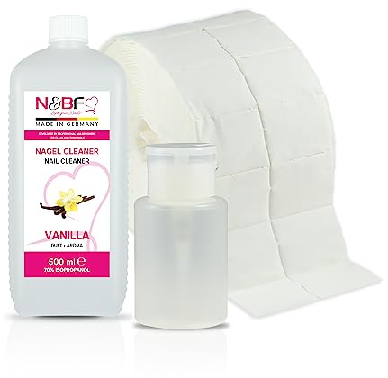 NAILS FACTORY Nagel Cleaner Set mit Duft 500ml + Dispenser Pumpflasche Weiss 150ml + 1000 Zelletten Cellulose Pads (2 Rollen à 500 Stück) - 70% Isopropanol-Alkohol – für Gelnägel – (Vanille)