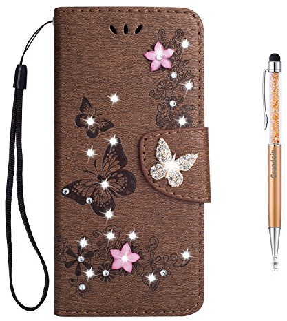 Grandoin Galaxy S9 Plus Hülle, Bling Glitzer Glitter Handyhülle im Brieftasche-Stil für Samsung Galaxy S9 Plus Handytasche PU Leder Ledercase Flip Tasche Wallet Tasche Handytasche Cover Case (Braun)