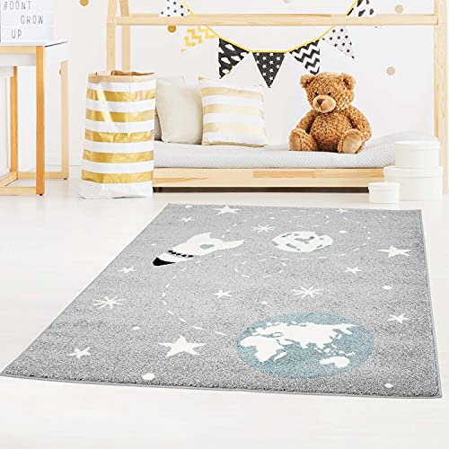 carpet city Kinderteppich Grau - 120x160 cm - Weltall, Rakete, Planet, Sterne - Teppich Kinderzimmer