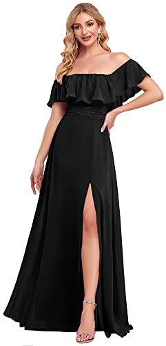 Ever-Pretty Womens Off The Shoulder Ruffle Party Dresses Side Split Beach Maxi Dress Black 16