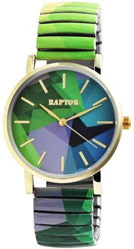 Raptor Colorful Edition Damen-Uhr mit Edelstahl Zugarmband in grün Bunte Armbanduhr analog Stretch Geschenke für Frauen