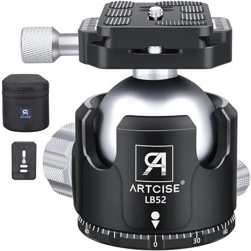 Stativkopf mit niedrigem Profil, Kugelkopf mit 52 mm Durchmesser ARTCISE LB52 Ganzmetall-CNC-Bearbeitungsstativkopf mit Zwei 1/4-Schnellwechselplatten für Stativ, Einbeinstativ, DSLR, Camcorder.