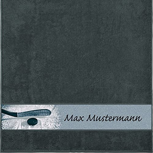 Manutextur Duschtuch mit Namen - personalisiert - Motiv Eishockey - viele Farben & Motive - Dusch-Handtuch - anthrazit - Größe 70x140 cm - persönliches Geschenk mit Wunsch-Motiv und Wunsch-Name