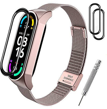 BANGTING Acciaio Cinturino Compatibile con Xiaomi Mi Band 3/4 / 5/6, Braccialetto per Mi Band 6 Bracciali Cover Mi Fit 5 Cinturini (Rosa)