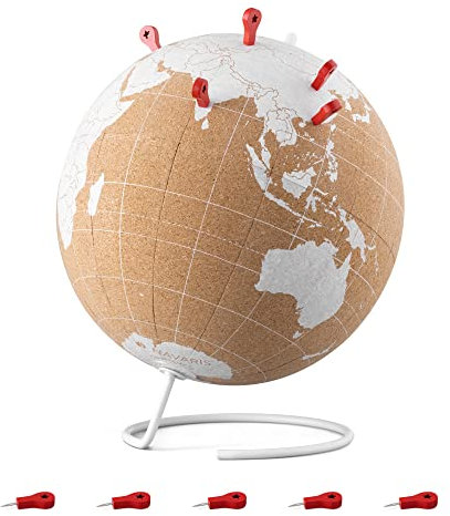 Navaris Globe terrestre liège - Globe carte du monde à épingler 20 x 25 cm avec 10x punaise en bois rouge - Mappemonde ronde voyage déco bureau