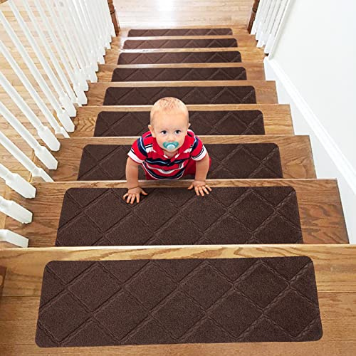 YISUN Tapis Marche Escalier Intérieur Antidérapant 15pcs Surface Adhésif 20 x 65cm pour Enfants âgées Chiens (Marron)