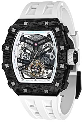 TSAR BOMBA Luxus Herren Automatik Mechanische Uhr Kohlefaser/Gehäuse aus Keramik/Fluorkautschuk/Tonneau-Uhr/Leuchtend/Elegante Geschenke für Männer