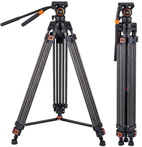 Treppiede in carbonio, Refoni CF60L Treppiede Video da 180 cm con Testa del Fluido a base piatta da 60 mm per le reflex digitali e le videocamere, 2 Braccio di comando, Con un carico massimo di 6 kg
