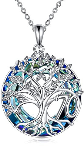 YFN 70th Geburtstag Geschenke für Frauen Sterling Silber Anhänger Baum des Lebens Blau Kristall Halskette Schmuck für Mama Oma