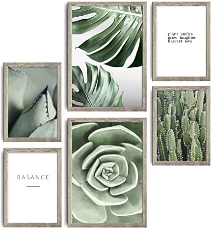 decomonkey | 6er Poster Set mit hellbraunem Rahmen | Natur Pflanzen | 4 x DIN A4 & 2 x DIN A3 | Wohnzimmer Schlafzimmer Wandposter Blider Collage Modern Wanddeko Grün Grau Weiß Abstrakt Sprüche
