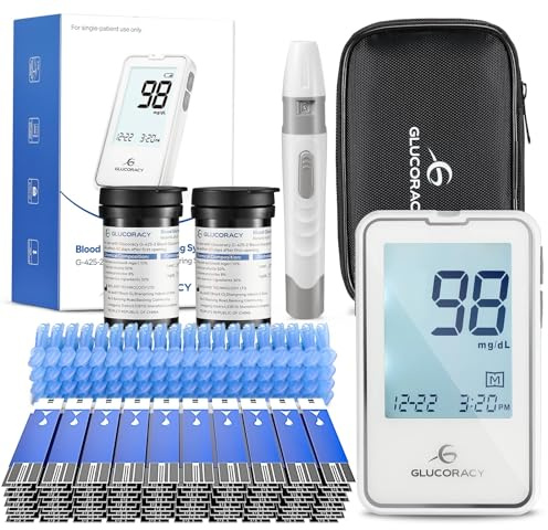Glucoracy Blood Glucose Monitor Kit with 100 Blood Sugar Test Strips & Lancets, Glucometer, Lancing Device, Travel Case, Diabetic Home Testing Kit