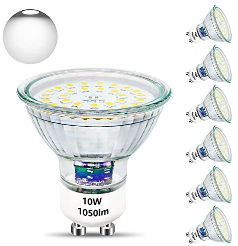 Unikcst GU10 LED 10W Leuchtmittel Ersetzt 100W Halogen Leuchtmittel 6000K Base Glas 1050LM Hell LED Lampe 230V Abstrahwinkel 120° Spot, Nicht Dimmbar 6 Stück