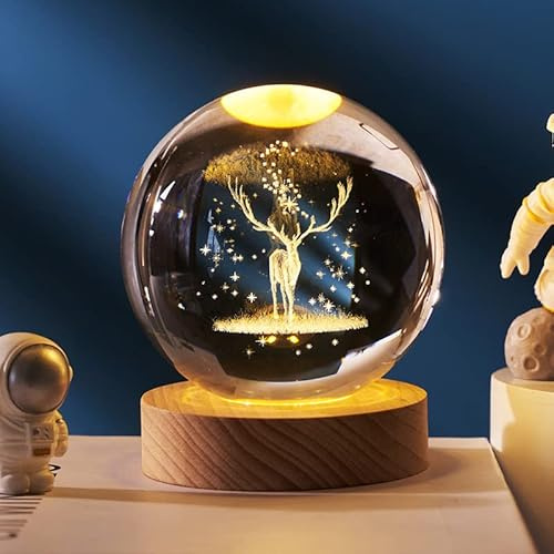 3D Kristallkugel Nachtlicht Kugel Projektion Lampe Planet Modell, 3D Kristallkugel mit geführter hölzerner Basis Geschenk für Weihnachten Thanksgiving Geburtstag, Home Dekor mit USB Powered