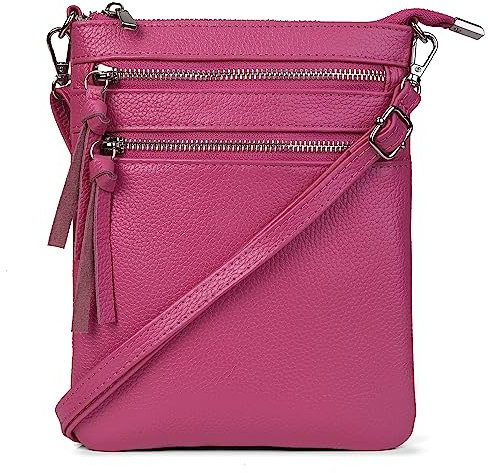 befen Kleine Umhängetasche aus echtem Leder für Damen, trendige Reise-Schulter-Handtasche mit mehreren Reißverschlusstaschen, Knallpink (Hot Pink), Small, Kleine Umhängetasche aus Leder
