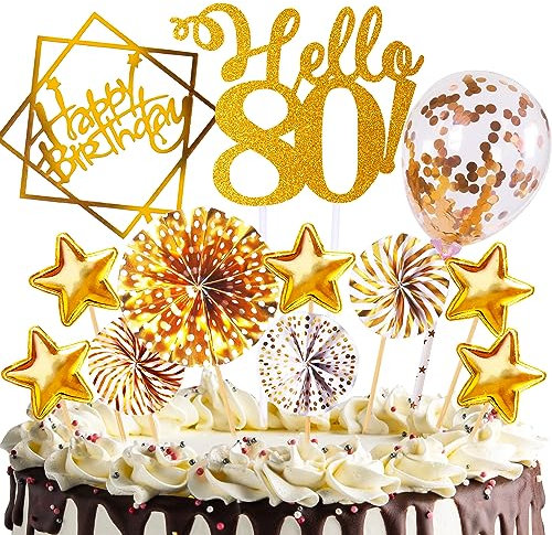 Tortendeko Geburtstag,Happy Birthday 80 jahre Kuchendeko Frauen Männer,80. Cake Topper,Cupcake Topper mit Sternen Konfetti-Luftballons und Papierfächer für 80 Geburtstag