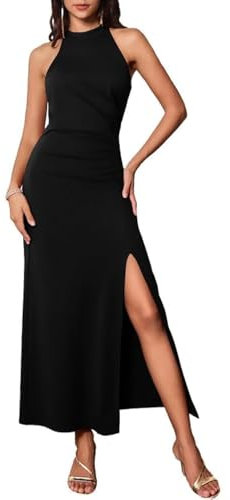GRACE KARIN Damen Abendkleid Lang Sexy Ballkleid Seitenschlitz Neckholder Kleid Maxikleid für Hochzeit Cocktail Party Prom Schwarz S