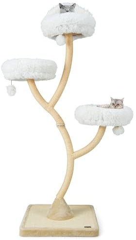 COSTWAY Arbre à Chat XXL 178 cm, Tour pour Chats Interieur à 4 Étages, Poteaux à Griffer en Sisal, 3 Plateformes, Grand Arbre a Chat, 3 Pompons Suspndu, Coussin Amovible, Perchoir en Peluche (Beige)