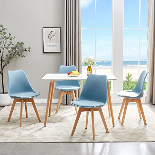 FURNITABLE Tisch und Stühle Set, Esszimmertisch Weiß Rechteckig mit 4 Hellblau Stühlen,mit Buche Holz Beine,Modern Küchentisch für bis zu 4 Personen