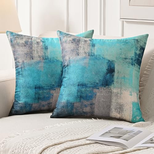 Jayusaror Kissenbezug 45 x 45 cm Kissenbezüge Türkis Blaugrün Grau Sofakissen Deko Zierkissen Leinen Couchkissen Abstrakte Aesthetic Kissenhüllen 2er-Set für Wohnzimmer