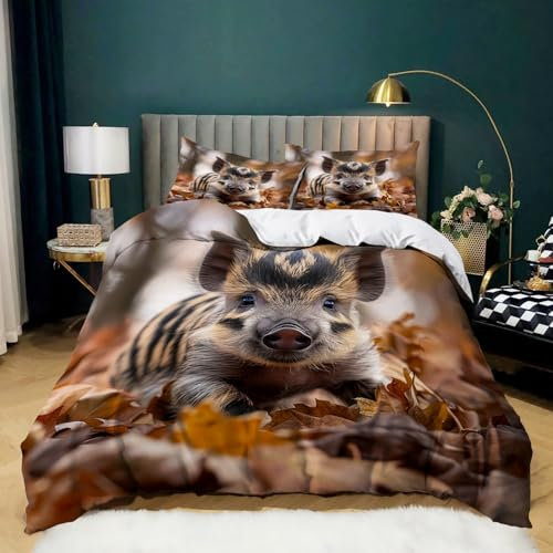 Braun Bettwäsche 135x200 Tier Wildschwein gefallene Blätter Bettbezug Druck Bettwäsche 3 Teilig, Weiche Gemütlich Mikrofaser Bettwäsche Set mit Reißverschluss und Kissenbezug 80x80 cm
