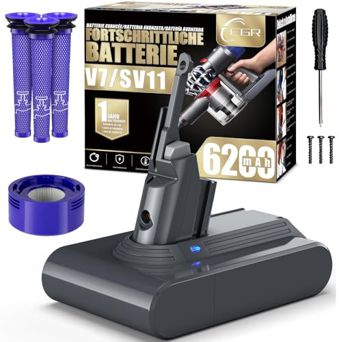 6200mAh Batterie Compatible avec Dyson V7 Motorhead Batterie SV11 V7 Fluffy V7 Cord-Free V7 Car+Boat V7 Trigger V7 Mattress V7 Absolute Aspirateur V7 Batterie de Remplacement avec 4 Filtres