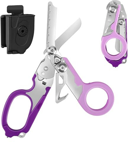 Ziyero Trauma Schere Multitool Rettungsschere mit 6 Praktischen Funktionen Faltbare Scherenzange aus Edelstahl-Ideal für Professionellen Einsatz Im Rettungsdienst Oder Alltägliche Aufgaben - Lila