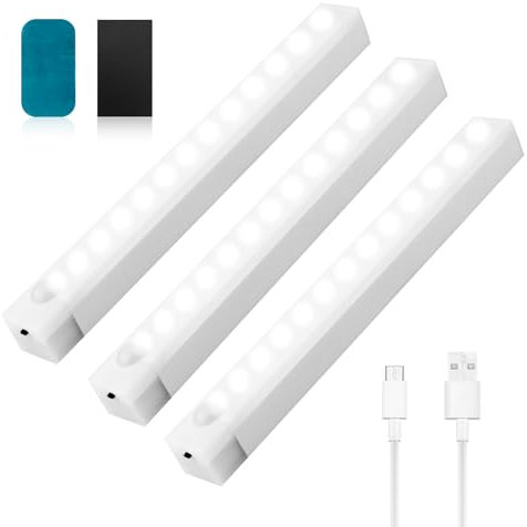 GBULTR 5000K Wireless Motion Sensor LED Lights 3PCS for Under Cabinet Closet and Stair Lighting USB Rechargeable Magnetic Night Light Bars Sensor Lights Indoors for Kitchen Wardrobe with Type-C Cable